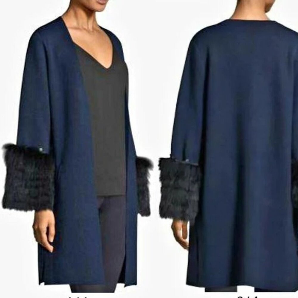 Kobi Halperin Noella Wool-blend Sweater Cardigan Size S Fox Fur Cuff Navy Blue